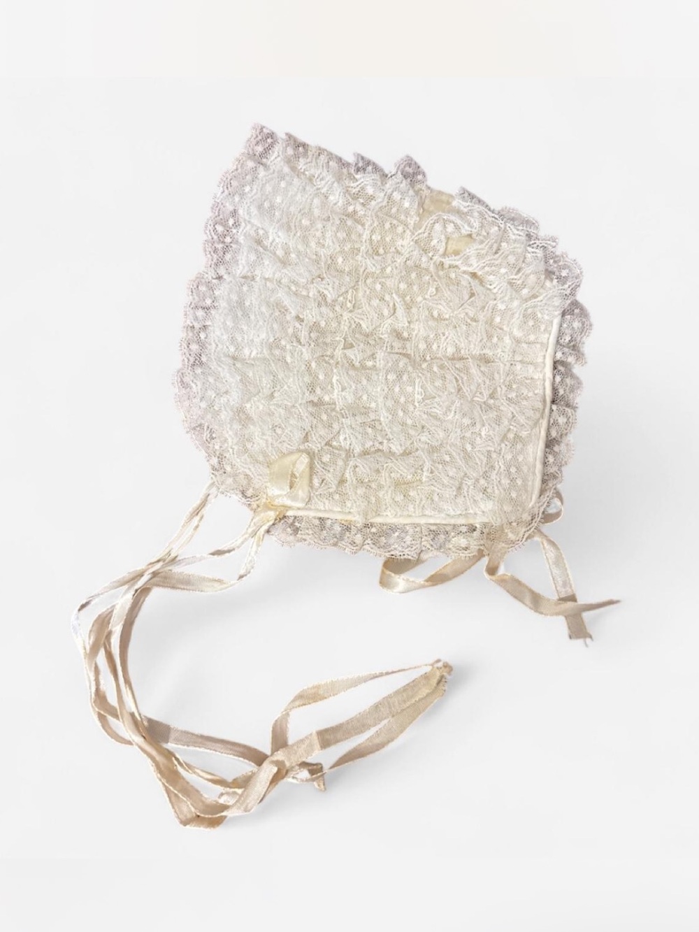 Vintage Ivory Lace Baby Bonnet with Satin Ties